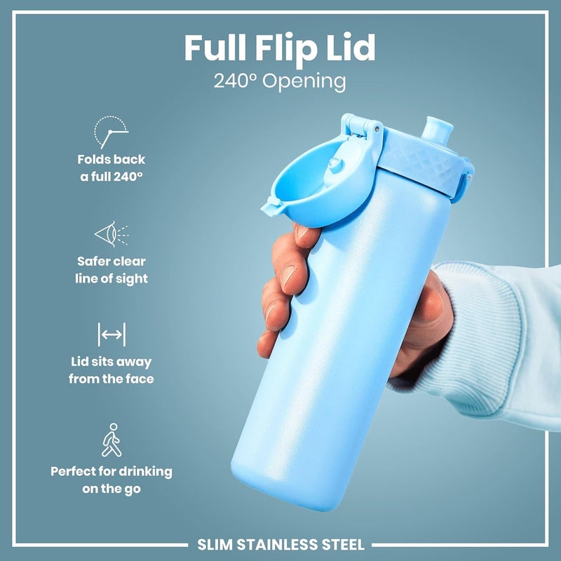 ION8 Lightweight Steel Water Bottle, 600 ml/20 oz, Non-Insulated, Leak Proof, Easy to Open, Secure Lock, Dishwasher Safe, Flip Cover, Fits Cup Holders, Carry Handle, Metal Water Bottle, Alaskan Blue - Image 3