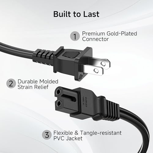 Cable Matters 2-Pack 2 Prong Vizio TV Power Cord Replacement - 10ft, NEMA 1-15P to IEC C7, Polarized AC Power Cord for PS2, TV, and More - Image 5