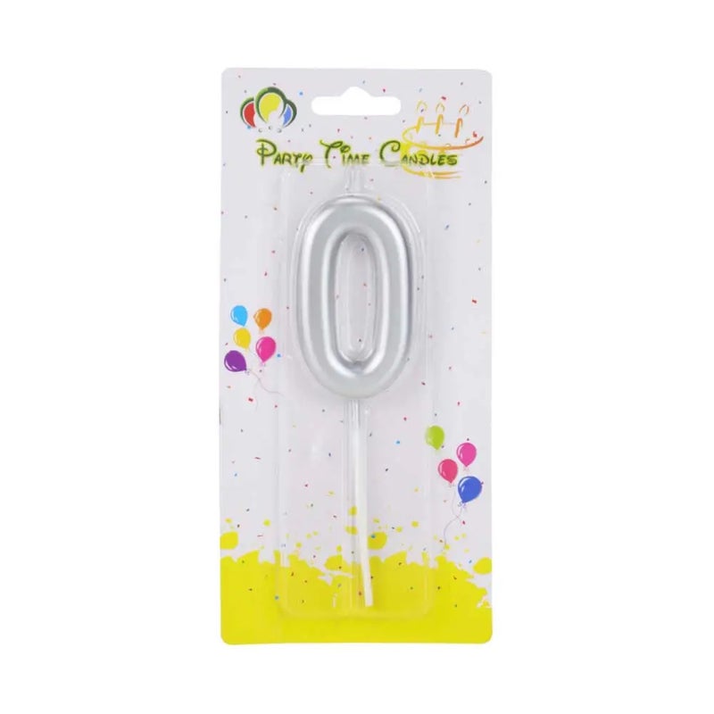 Party Time Numeral Matte Candles Cake Topper Decoration with 0 Number- Silver Color