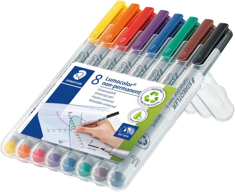 Staedtler Lumograph Non-Permanent Wet Erase Marker Pens, Fine Tip, Assorted Colors, 8 Pack - Image 2