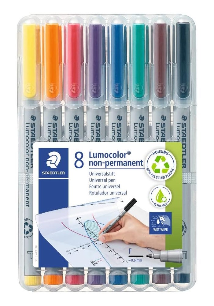 Staedtler Lumograph Non-Permanent Wet Erase Marker Pens, Fine Tip, Assorted Colors, 8 Pack - Image 1