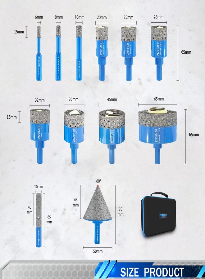 ZNXIMER Diamond Tile Hole Saw Kit - ZNXIMER Porcelain Tile Drill Bits Set for Ceramic, Granite, Marble and More Drilling - 12pcs Diamond Core Drill Bits(6/8/10/20/25/28/32/35/45/65MM/2"/10MM) - Image 2
