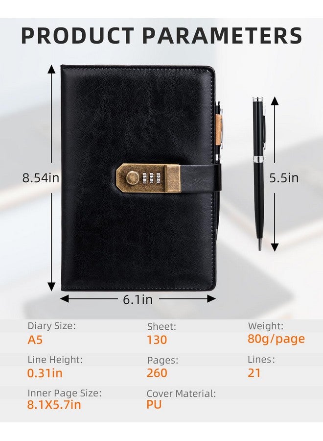 Nicpro Diary With Lock, A5 Pu Leather Journal With Lock, Metal Pen, 260 Pages Password Notebook For Men And Women, Vintage Lock Daily Journal For Travel, Note Take, Plans, Organize (10 X 7 In)  - Image 3