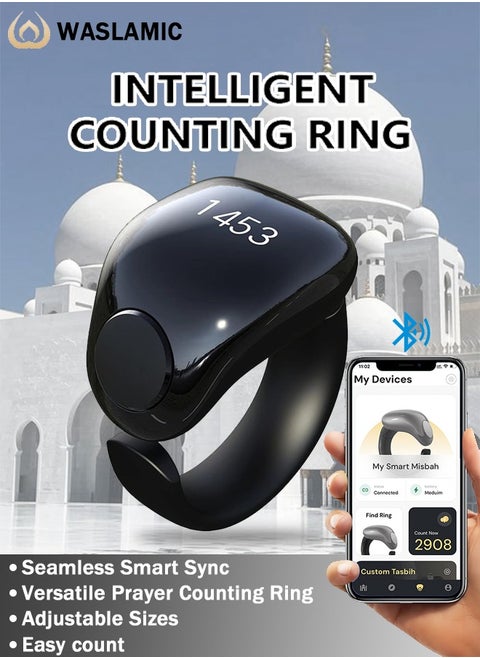 Tasbih Zikr Smart Ring, Adjustable Counter, Size (18 and 20mm), APP Support Digital Counter Prayer Reminder Ring, Waterproof Counter Zikr Ring, For Muslims (Black)