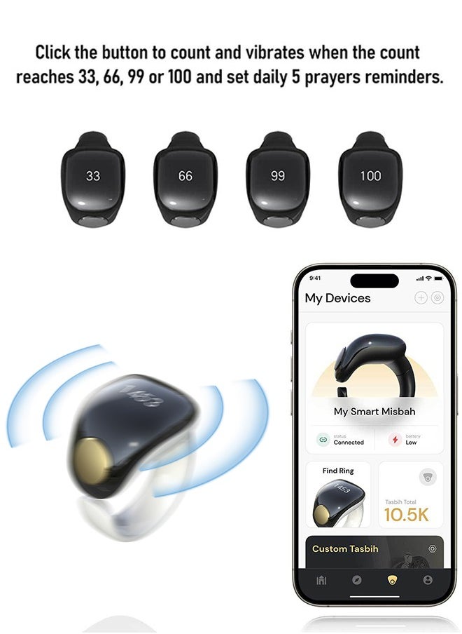 WESLAMIC - Tasbih Zikr Smart Ring, Adjustable Counter, Size (18 and 20mm), APP Support Digital Counter Prayer Reminder Ring, Waterproof Counter Zikr Ring, For Muslims (Black) - Image 1