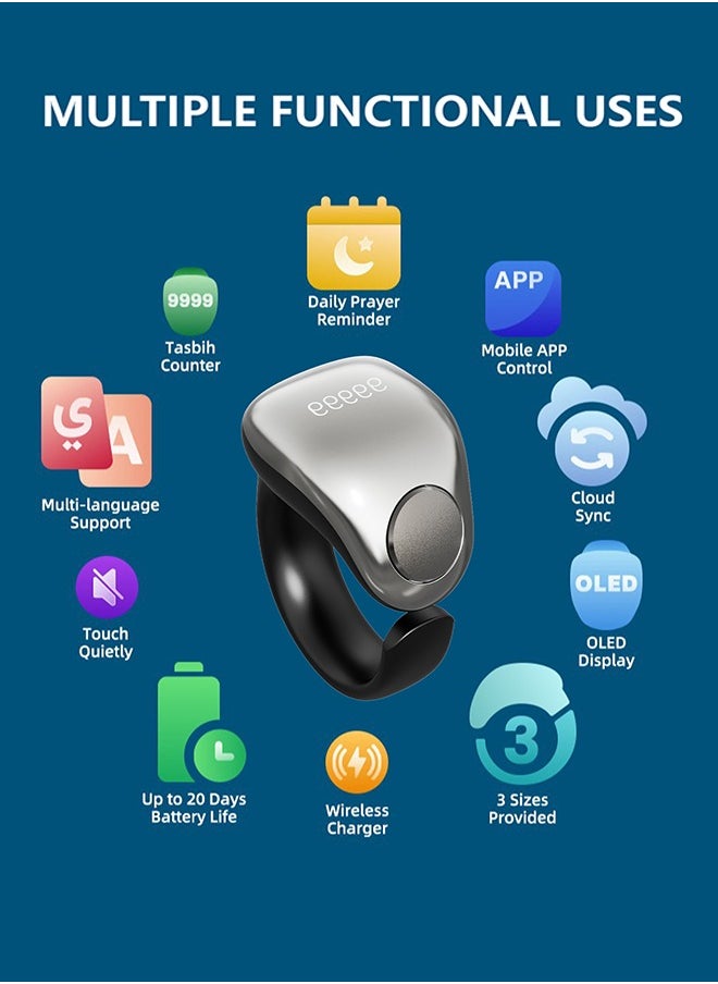WESLAMIC - Tasbih Zikr Smart Ring, Adjustable Counter, Size (18 and 20mm), APP Support Digital Counter Prayer Reminder Ring, Waterproof Counter Zikr Ring, For Muslims (Black) - Image 1