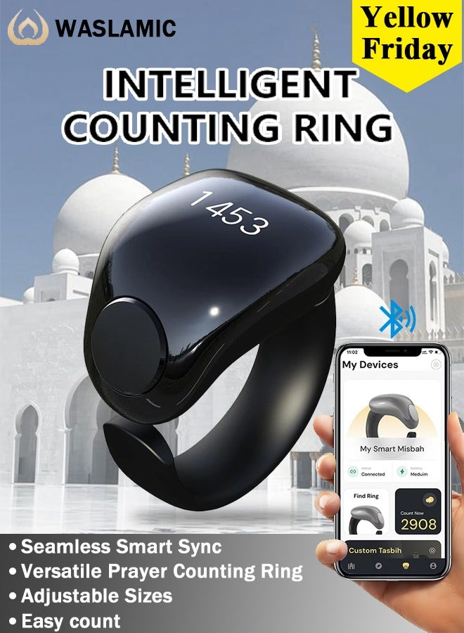 ويسلاميك خاتم تسبيح ذكر ذكي، عداد قابل للتعديل، مقاس (18 و20 مم)، يدعم تطبيق عداد رقمي لتذكير الصلاة، خاتم ذكر مضاد للماء، للمسلمين (أسود) - Image 1