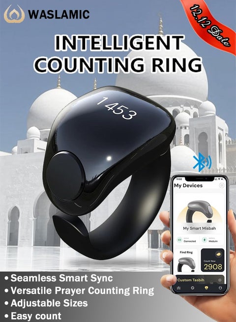 Tasbih Zikr Smart Ring, Adjustable Counter, Size (18 and 20mm), APP Support Digital Counter Prayer Reminder Ring, Waterproof Counter Zikr Ring, For Muslims (Black)