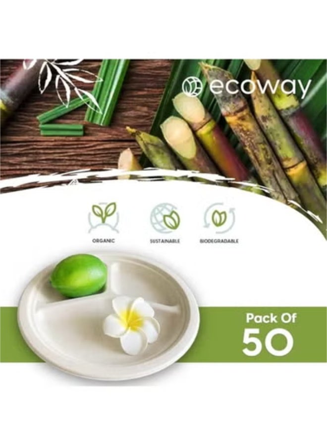 ايكواي Ecoway [10 Inch 3-Compartment Round Plate Pack Of 50] White Color- Disposable Plates Made With Bagasse Sugar Canes Microwave & Freeze Safe, Compostable & Biodegradable Dinner Plates, Tableware - Image 2