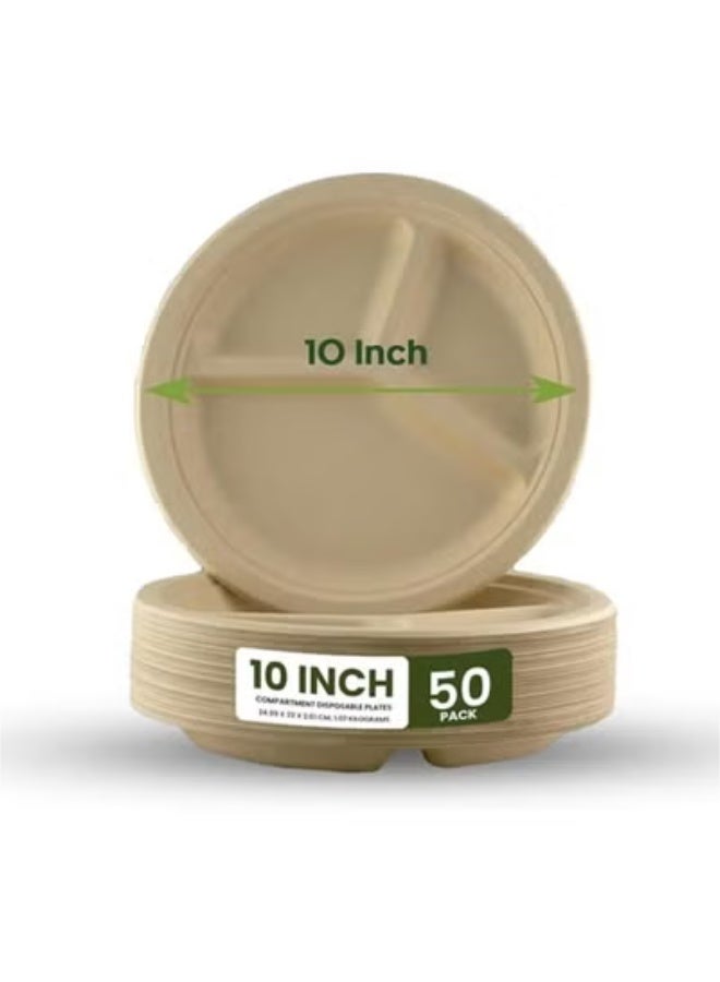 ايكواي Ecoway [10 Inch 3-Compartment Round Plate Pack Of 50] White Color- Disposable Plates Made With Bagasse Sugar Canes Microwave & Freeze Safe, Compostable & Biodegradable Dinner Plates, Tableware - Image 1