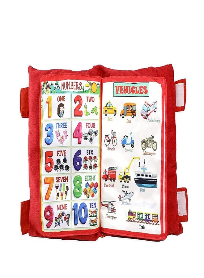 ADKD Kid's Learning Pillow Cum Book with English and Hindi Alphabets, Numbers, Animals Names Learning for Kids Cushion Book (Red) - Image 1