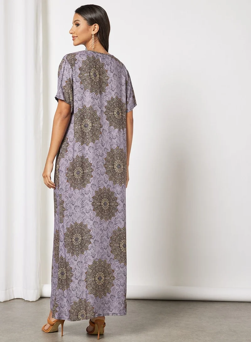 Hayat Jalabiya In Abstract Print  With Lace And Tassel Embellishments