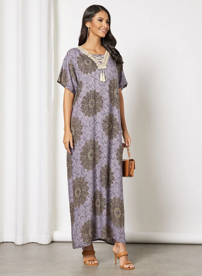Hayat Jalabiya In Abstract Print  With Lace And Tassel Embellishments