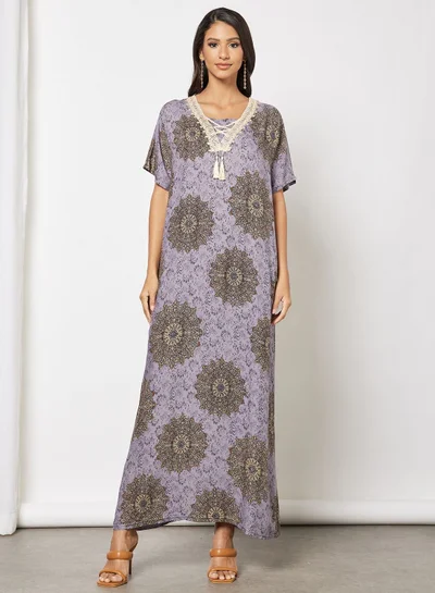 Hayat Jalabiya In Abstract Print  With Lace And Tassel Embellishments