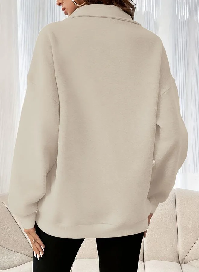 Take Two Take Two Beige Collared Sweatshirt with Half-Zip
