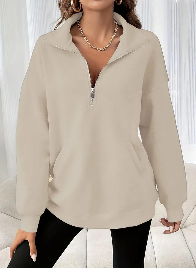 Take Two Take Two Beige Collared Sweatshirt with Half-Zip