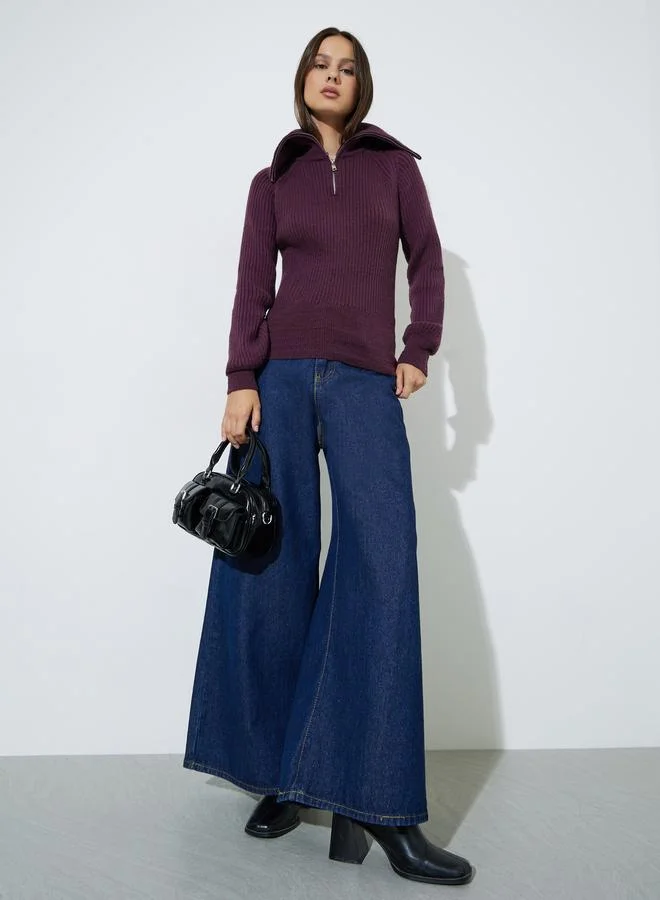 Styli Purple Ribbed Knit Top with Quarter-Zip