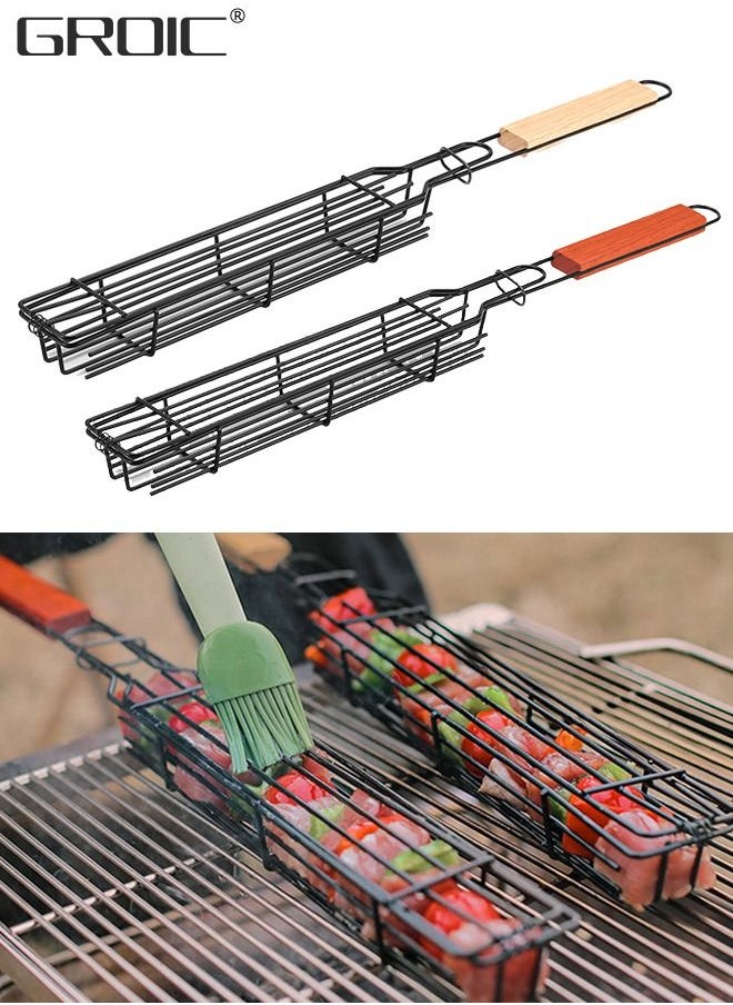 GROIC 2 Packs 19.3” BBQ Net BBQ Cage Kebab Grilling Basket, Extra Long Stainless Steel Kabob Grilling Baskets with Handle, Metal BBQ Skewers Kabob Basket for Outdoor Grill Kabobs Meat, Loose Veggies  - Image 1