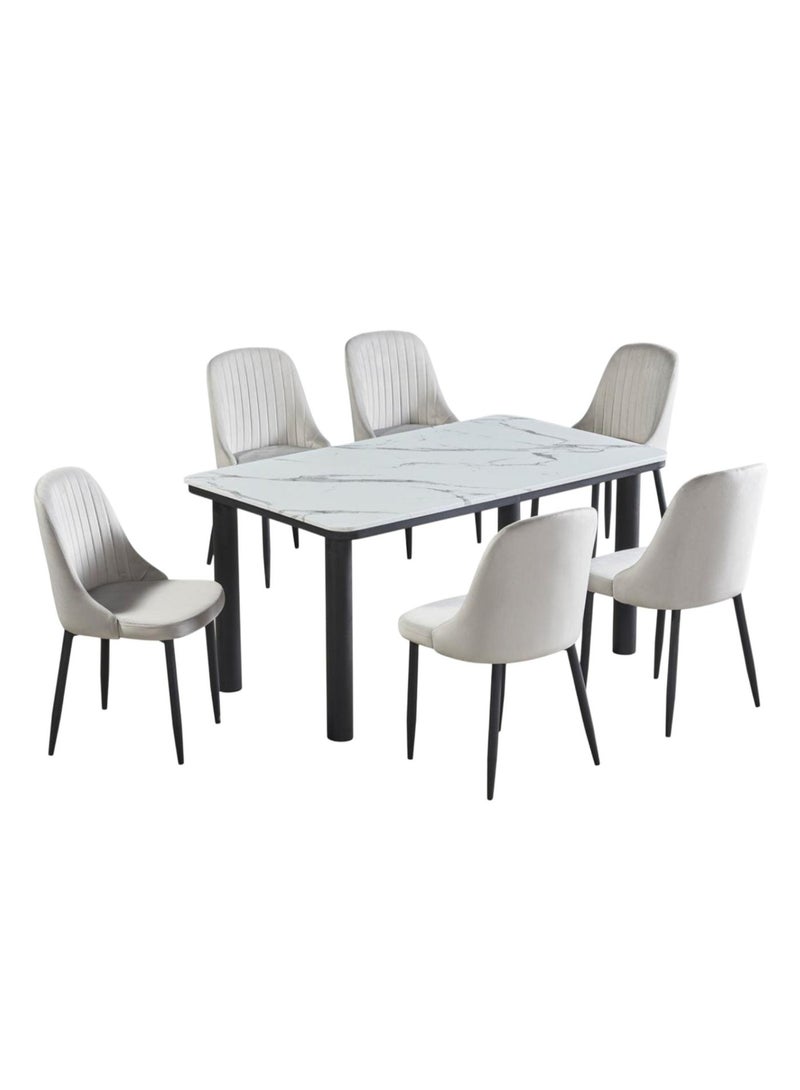 Luxury 6-Seater Rectangular Marble Dining Table Set with Velvet Chairs – Brown / Gray / Wood - Image 4