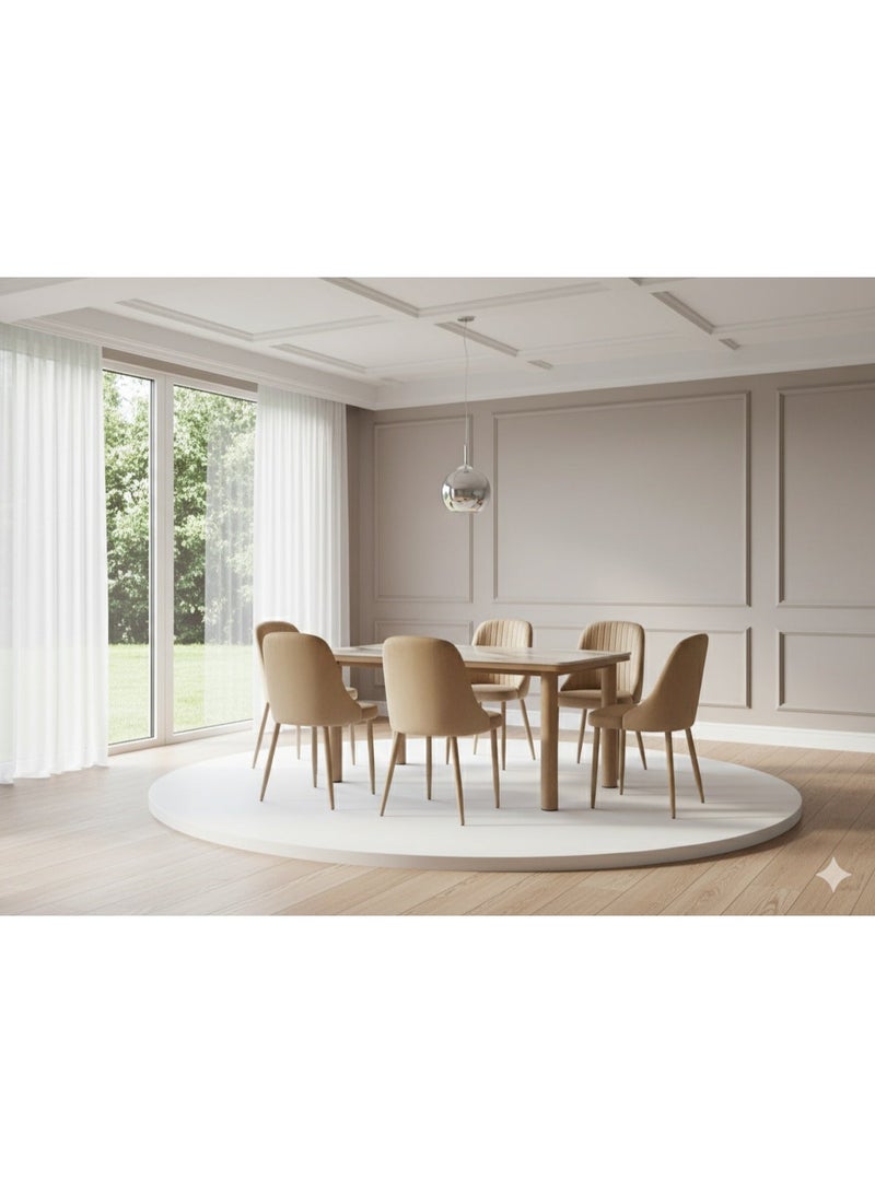 Luxury 6-Seater Rectangular Marble Dining Table Set with Velvet Chairs – Brown / Gray / Wood - Image 3