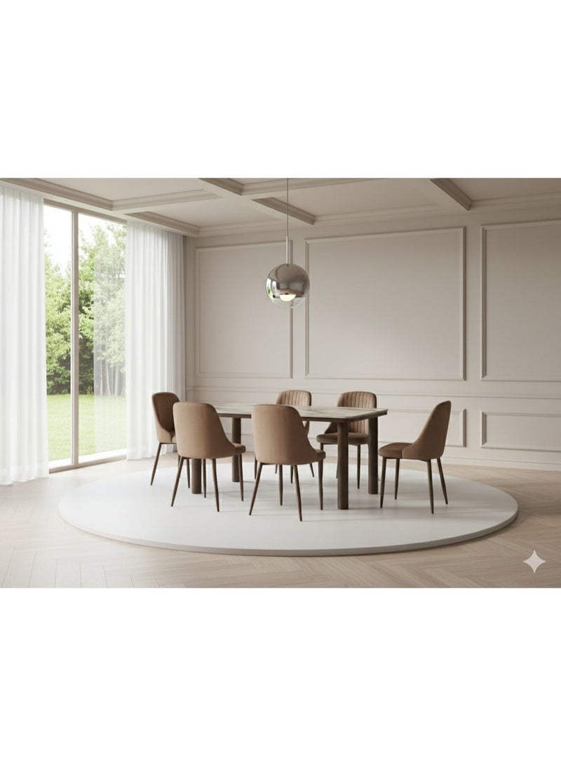 Luxury 6-Seater Rectangular Marble Dining Table Set with Velvet Chairs – Brown / Gray / Wood - Image 2