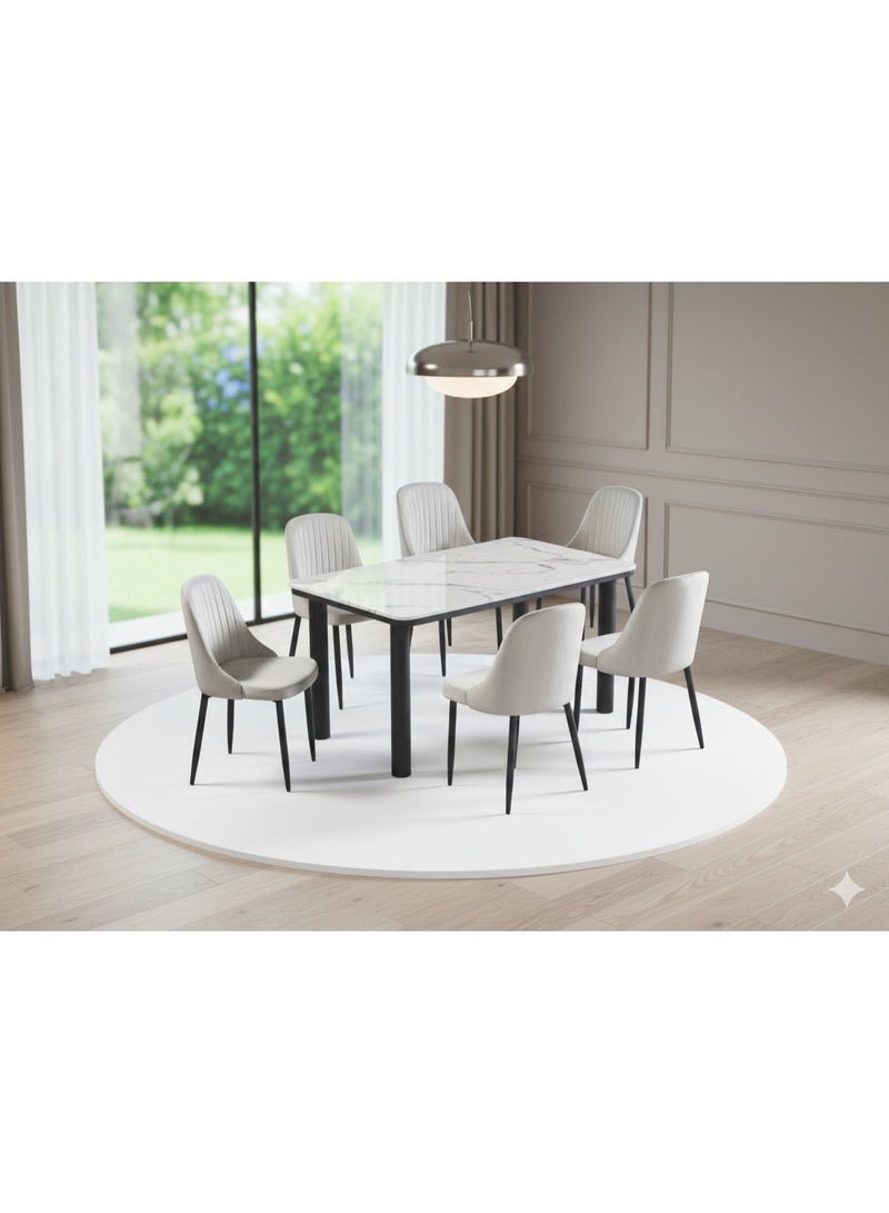 Luxury 6-Seater Rectangular Marble Dining Table Set with Velvet Chairs – Brown / Gray / Wood - Image 1