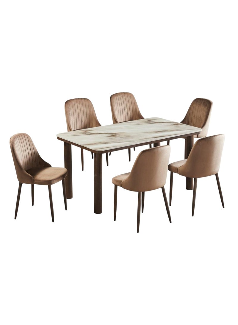 Luxury 6-Seater Rectangular Marble Dining Table Set with Velvet Chairs – Brown / Gray / Wood - Image 5