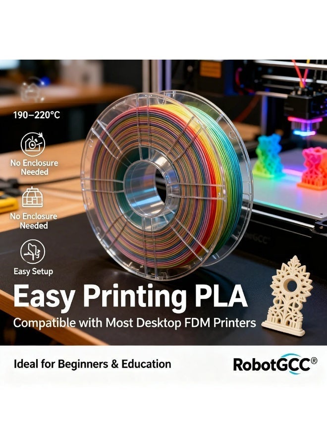 وبوت جي سي سي خيط طباعة ثلاثية الأبعاد PLA مطفي متدرج الألوان (قوس قزح) مقاس 1.75 مم وزن 1 كجم لطابعات FDM، مادة PLA سهلة الطباعة ببثق مستقر وقطر متناسق وتشطيب مطفي ناعم مع انتقال ألوان سلس للنماذج الزخرفية والتعليمية والطباعة اليومية - Image 2