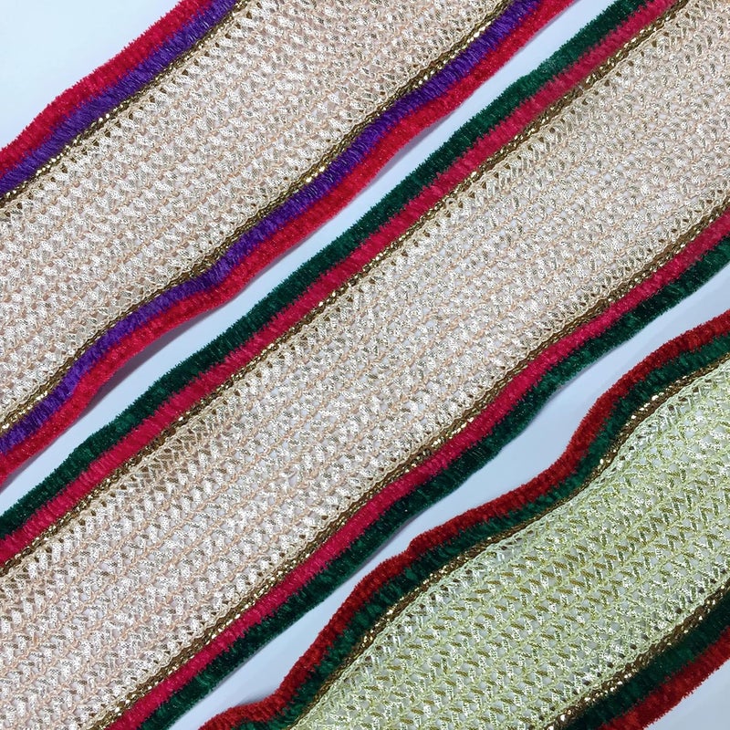 Lami Lami 9 Meter Silver Cream Gota Patti Pati Lace with Red and Green Velvet Piping Lace, Banarasi Saree Lace Border, Ribbons, Bridal Lehenga Saree Dupatta Suit Anarkali Lace Indian Trim Trimmings - Image 3