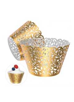 SYOSI Cupcake Wrappers, 50 Pcs Pearl Lace Filigree Wedding Cupcake Wrapper Baking Cake Cups Wraps Party Decoration Laser Cut (Gold)  - Image 1