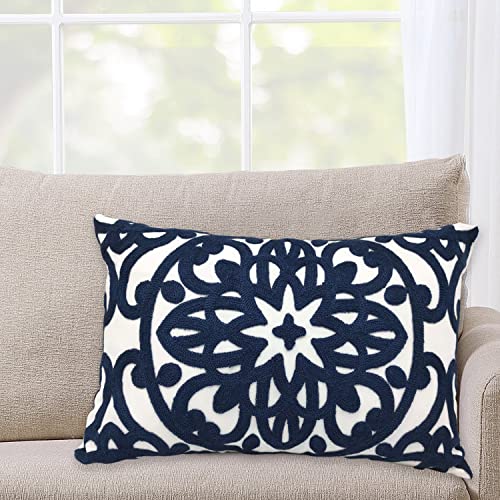 Alysheer Embroidered Lumbar Decorative Throw Pillow Cover 12"x 20", Classic Boho Mandala Embroidery Pattern Cotton Rectangular Cushion Case for Sofa Couch Living Room Bedroom(Navy Blue) - Image 2