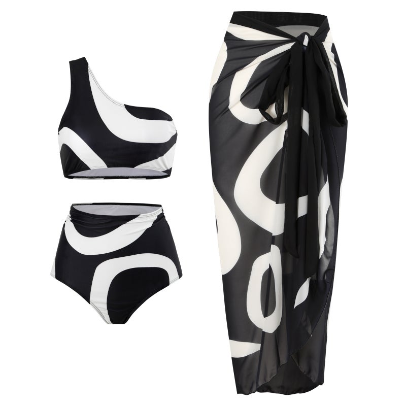 Retro Shoulder Split Swimsuit Chiffon Beach Dress Three-Piece Set Holiday Swimsuit - Image 2