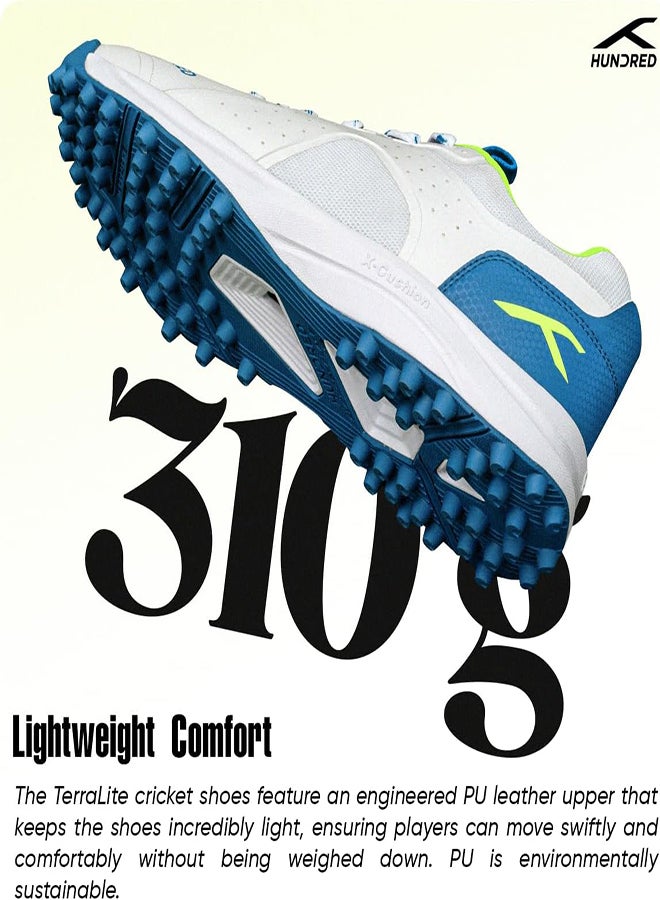 هندرد حذاء كريكيت Terralite | مسامير مطاطية Terraspike | لوحة دعم مدمجة للثبات | خفيف الوزن ومتين | مثالي للعشب والأرضيات الصلبة (أبيض/أزرق/ليموني؛ مقاس 4 بريطاني) - Image 4