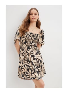 Black Ditsy Shirred Mini Dress