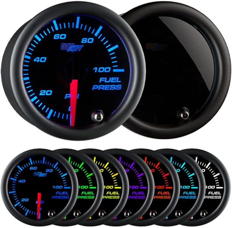 GLOWSHIFT Tinted 7 Color 100 PSI Fuel Pressure Gauge Kit - Includes 1/8-27 NPT Electronic Sensor & Wiring - Multi-Color Display - Black Dial - Smoked Lens - for Car & Truck - 2-1/16" 52mm - Image 1