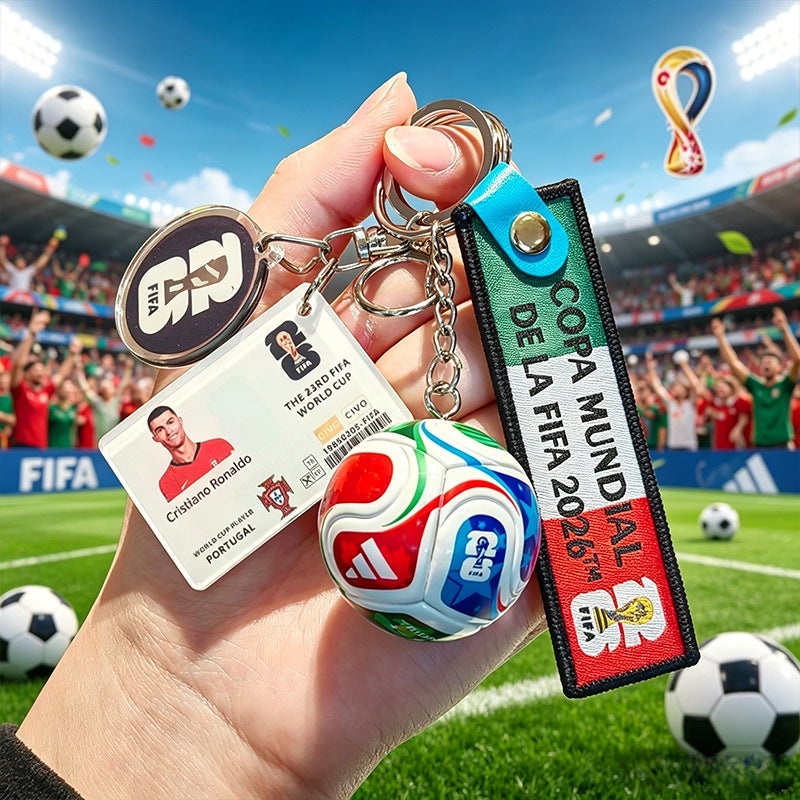 Football keychains featuring Messi, Neymar, Mbappe, and Ronaldo; US, Canada, and Mexico ornaments; 2026 World Cup small gifts.
