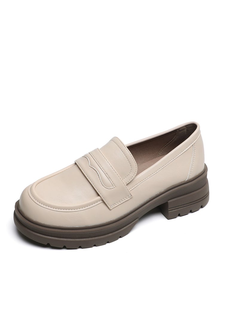 Loquat English Style Round Toe Soft Sole Single Shoes Beige  - Image 1