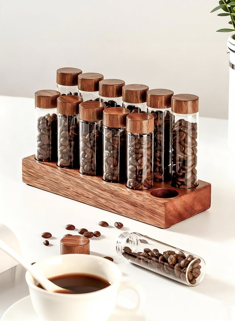 12 Packs Set Coffee Bean Storage Tubes, Glass Cellars with Wooden Stand, Dosing Vials with Lids and Funnel for Coffee Bean Tea Spices Storage,2oz - Image 1