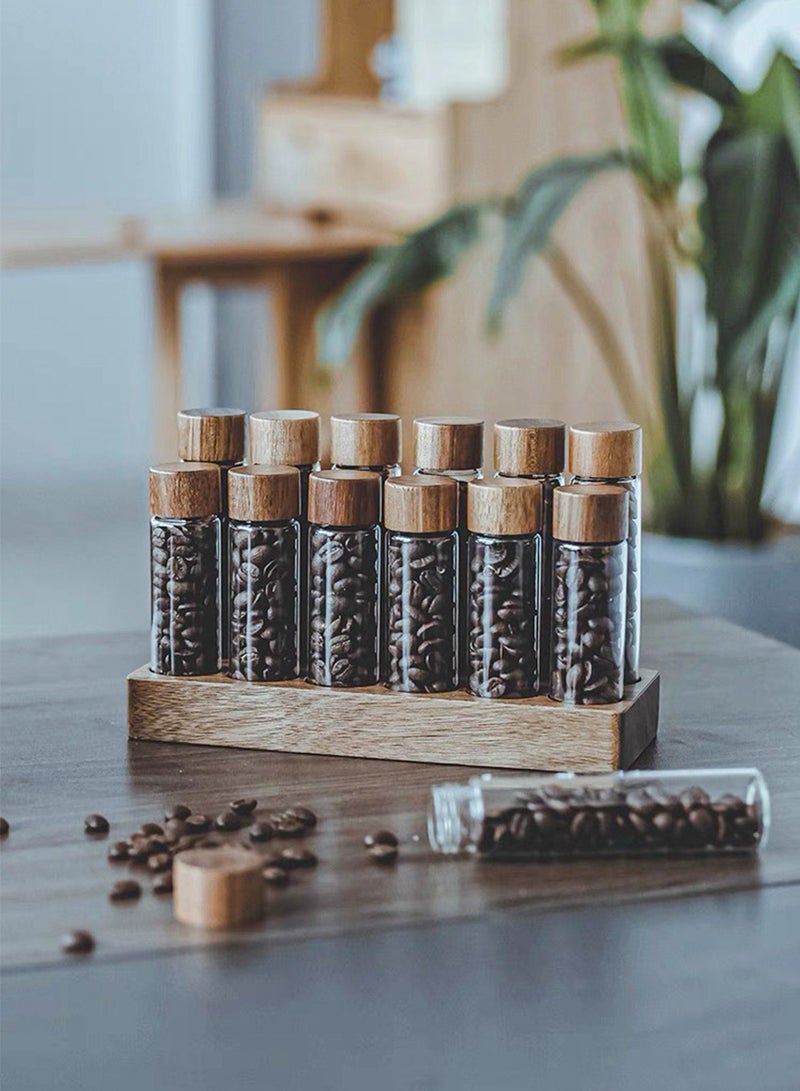 12 Packs Set Coffee Bean Storage Tubes, Glass Cellars with Wooden Stand, Dosing Vials with Lids and Funnel for Coffee Bean Tea Spices Storage,2oz - Image 3