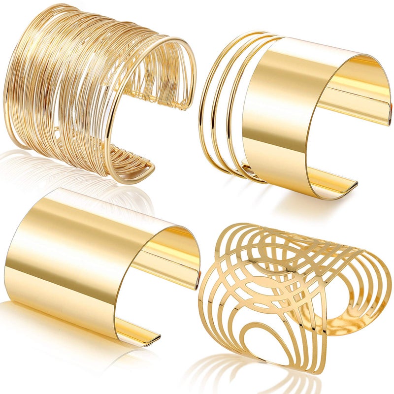 RIOSO 4 Pcs Cuff Bangle Bracelet for Women Open Wide Wire Bracelets Gold Wrist Cuff Wrap Bracelet - Image 1