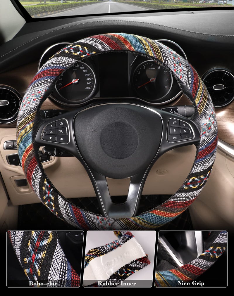 SEG Direct Boho Steering Wheel Cover with Baja Blanket Cloth, Ethnic Style Auto Wheel Cover Made of Coarse Flax, Fits 14 1/2-15 1/4 inches Car Wheel - Image 3