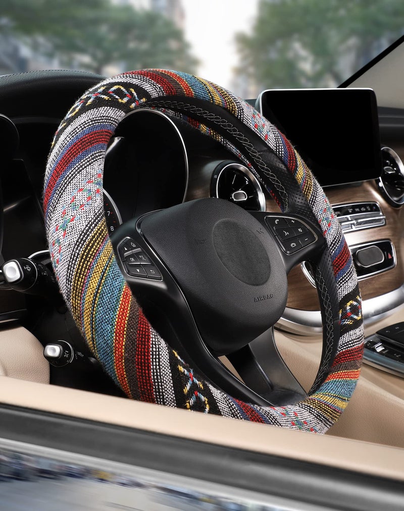 SEG Direct Boho Steering Wheel Cover with Baja Blanket Cloth, Ethnic Style Auto Wheel Cover Made of Coarse Flax, Fits 14 1/2-15 1/4 inches Car Wheel - Image 5