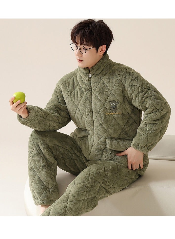 Men's Winter Thickened Fleece Three-layer Cotton Coral Velvet Home Clothes Set Warm Sleepwear Set Comfortable Soft Material