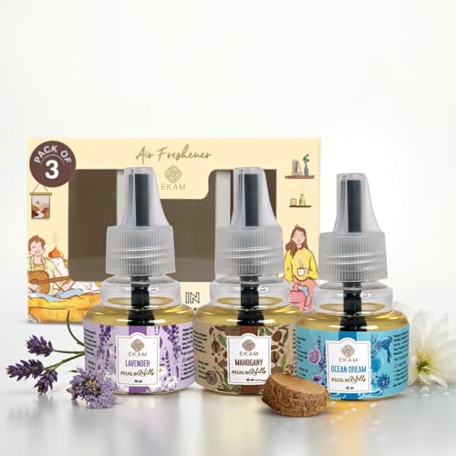EKAM | Combo Pack Of 3 | Ocean Dream, Rose & Lemongrass Scented Plug-In Liquid Air Freshener Refill| 45Ml Each | Lasts up to 125 Days Each / 500 Hours Each | Perfect for Living Rooms, Bedrooms & More - Image 1