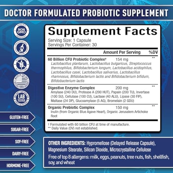 Purely Optimal Probiotics for Digestive Health, 60 Billion CFU – Delayed-Release with Digestive Enzymes & Organic Prebiotics – Bloating, Immune & Energy Support, 30 Caps - Image 2