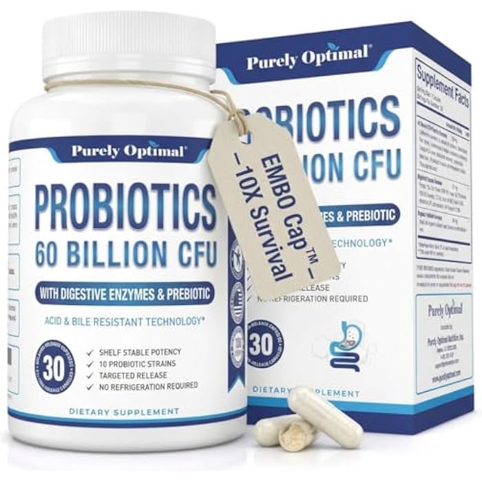 Purely Optimal Probiotics for Digestive Health, 60 Billion CFU – Delayed-Release with Digestive Enzymes & Organic Prebiotics – Bloating, Immune & Energy Support, 30 Caps - Image 1