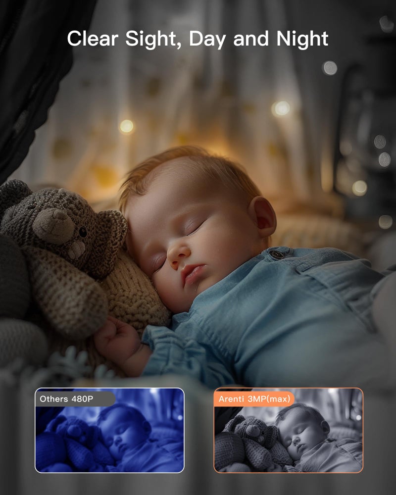 ARENTI Baby Monitor with 2 Cameras, 2K/3MP WiFi 6 Camera and Audio, 5-inch Wireless Screen, Smartphone App, Super Night Vision, Crying Detection, Auto Tracking, Temp&Humidity Sensor (D3 Set) - Image 5