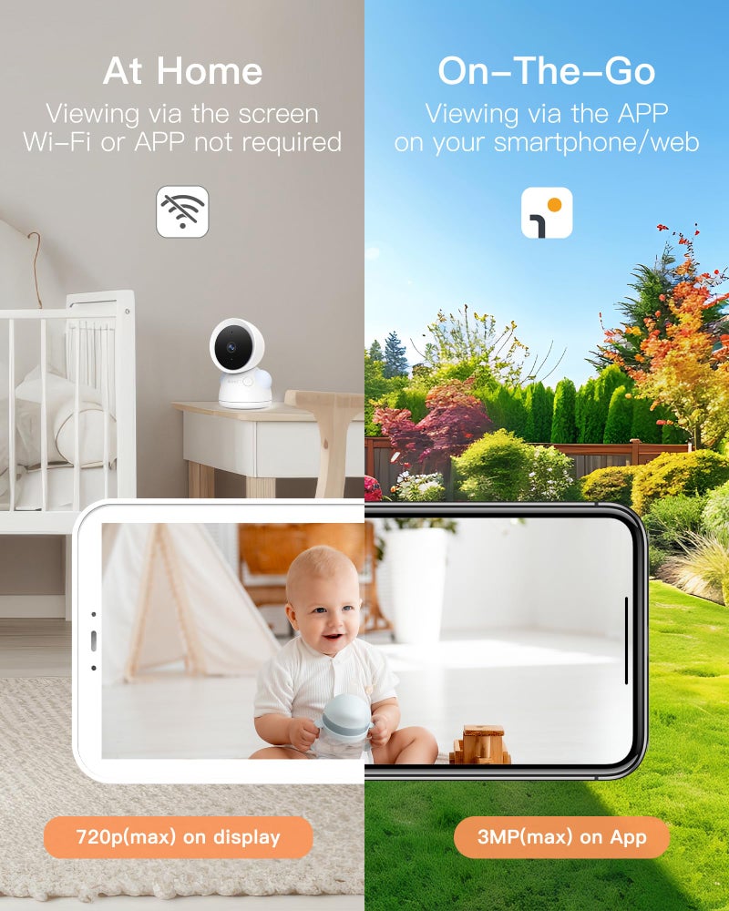 ARENTI Baby Monitor with 2 Cameras, 2K/3MP WiFi 6 Camera and Audio, 5-inch Wireless Screen, Smartphone App, Super Night Vision, Crying Detection, Auto Tracking, Temp&Humidity Sensor (D3 Set) - Image 2
