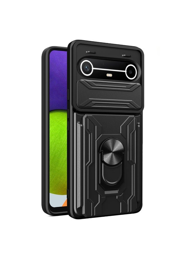 لـ TECNO Pova Slim 5G Case, حامل البطاقة وغطاء عدسة الكاميرا الشريحة, حامل الحلقة المغناطيسية مقعد حالة الهاتف الوقائي لـ TECNO Pova Slim 5G, أسود