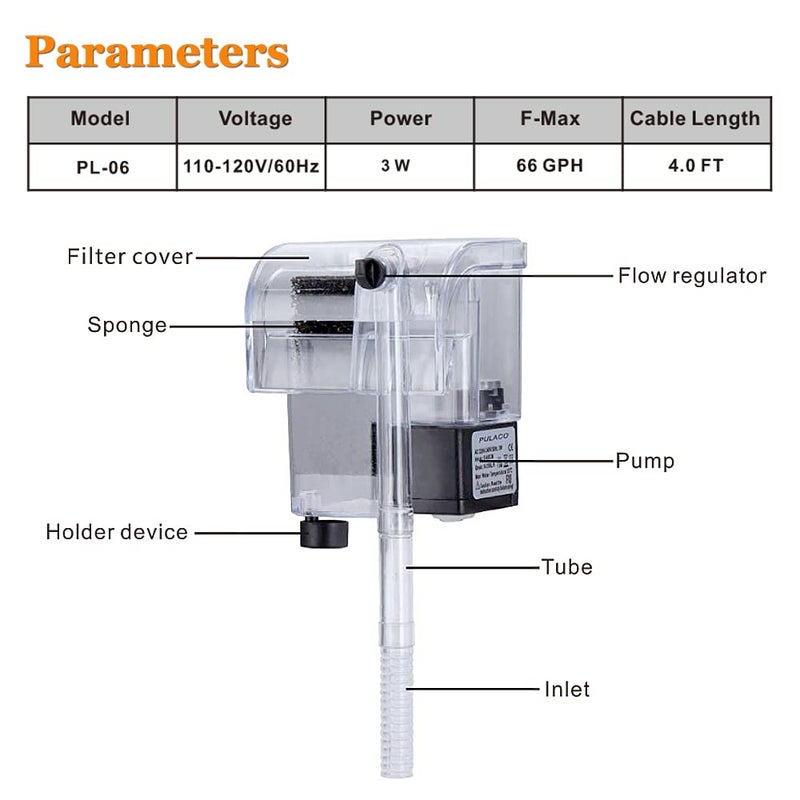 PULACO Ultra Quiet Aquarium Hang on Filter (66GPH 3W), Small Fish Tank Filter for 1 to 5 Gallons Fish Tank - Image 5
